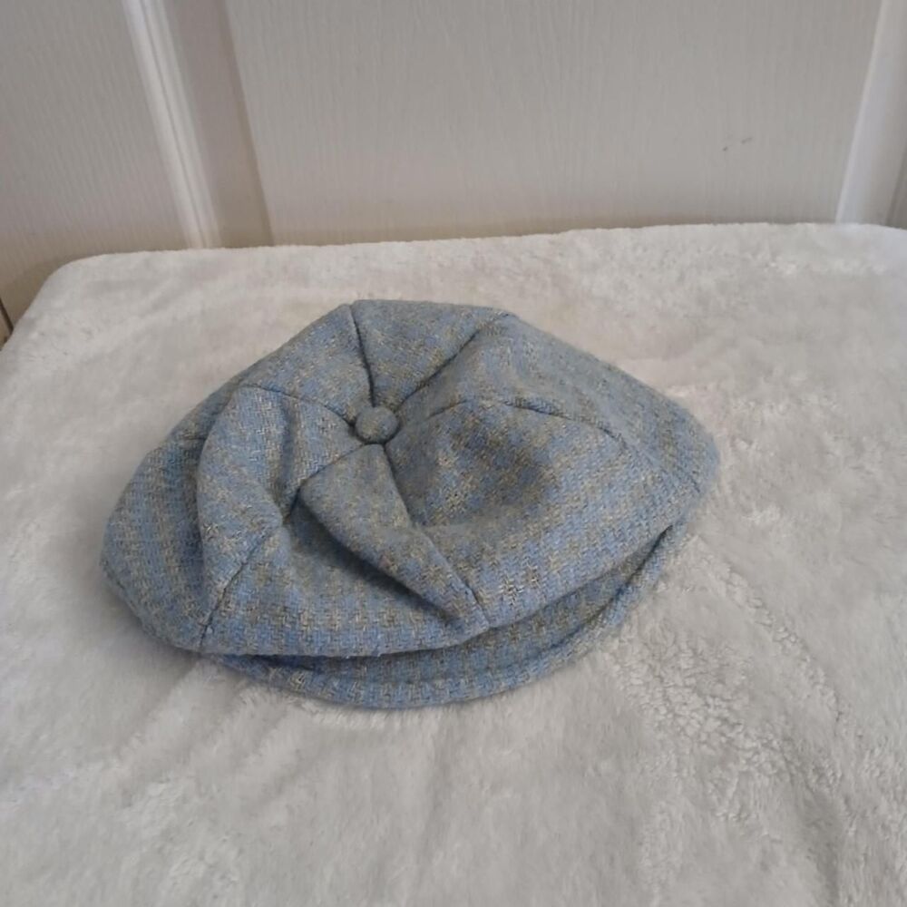 Vintage 1970s Blue Tweed Herringbone Newsboy Cap Beret Infant Toddler Size